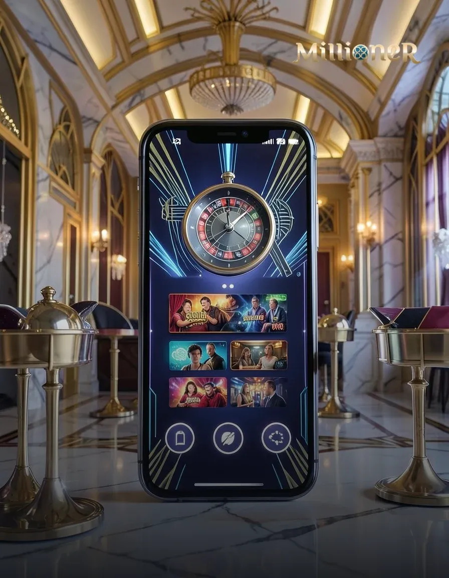 Millionaire Casino mobile casino interface on smartphone showing game lobby and cashier